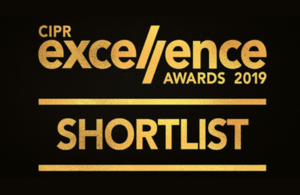 Gold text on black background 'CIPR excellence awards 2019 shortlist'.