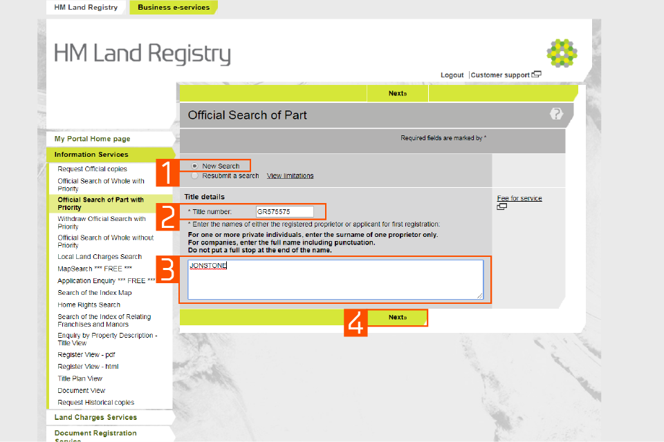 A screenshot of the HM Land Registry business e services portal. There are numbers to highlight areas of the page. 1: New search. 2: Title number. 3: Text box. 4: Next button
