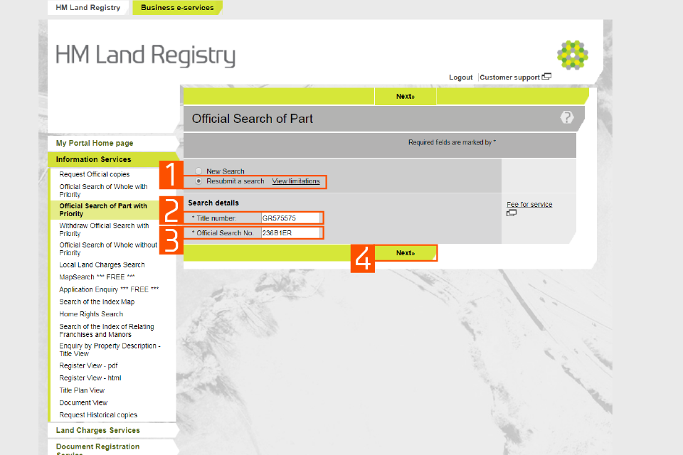 A screenshot of the HM Land Registry business e services portal. There are numbers to highlight areas of the page. 1: Resubmit a search. 2: Title number. 3: Official Search No. 4: Next button