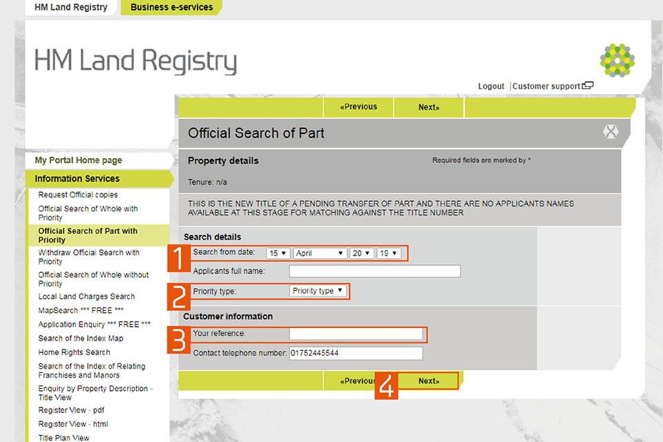 A screenshot of the HM Land Registry business e services portal. Numbers highlight: 1: Search from date. 2: Priority type. 3: Your reference. 4: Next button.