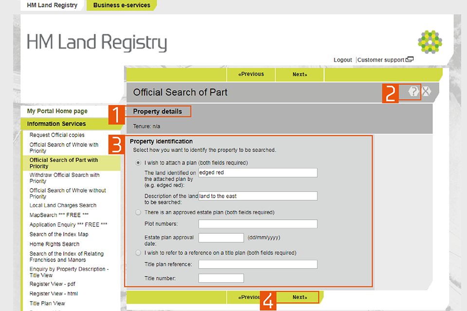 A screenshot of the HM Land Registry business e services portal. Numbers highlight: 1: Property details. 2. Help button. 3: Property Identification. 4: Next button. 