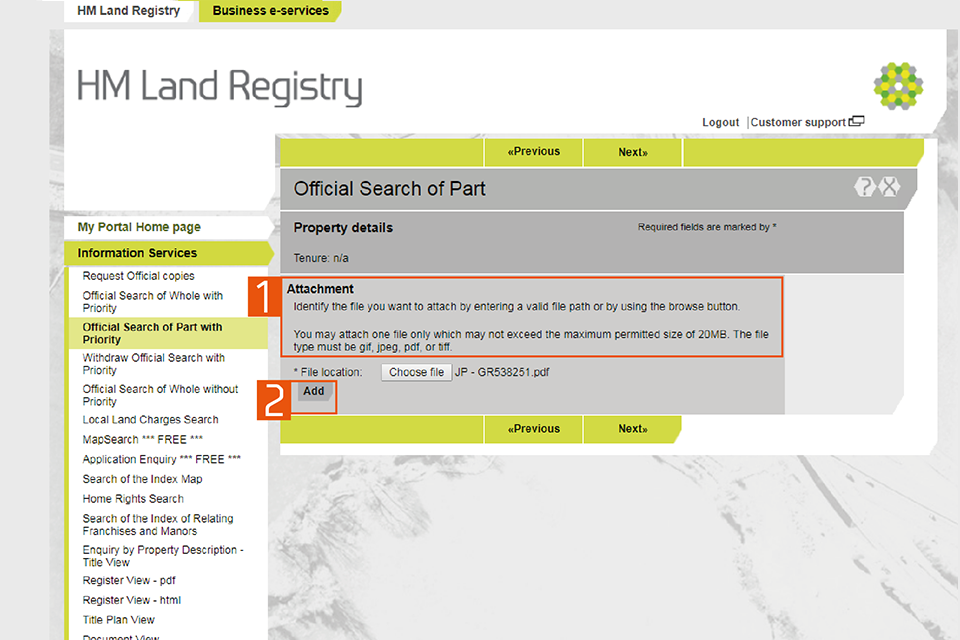 A screenshot of the HM Land Registry business e services portal. Numbers highlight: 1: Attachment. 2: Add button.