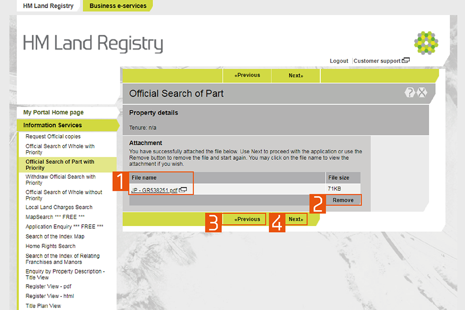 A screenshot of the HM Land Registry business e services portal. Numbers highlight: 1: File name. 2: Remove. 3: Previous button. 4: Next button.