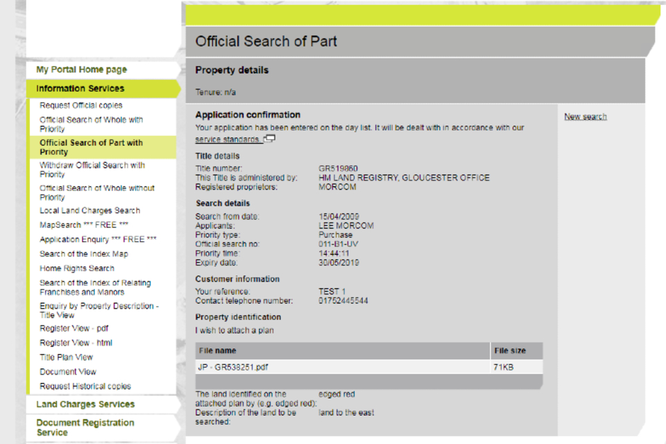 A screenshot of the HM Land Registry business e services portal. Confirmation screen.