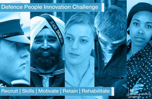 A blue tonal image showing 5 images of people profiles, some with military headwear, one wearing protective eye goggles and two ladies. The words recruit, skills, motivate, retain, rehabilitate.