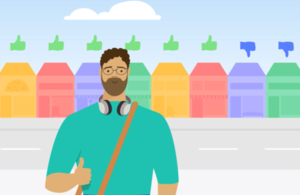 A still of the Thumbs-up Dave animated character with a thumbs-up gesture, standing in front of different colour houses. Six houses have a green thumbs-up icon, and 2 have a blue thumbs-down icon.