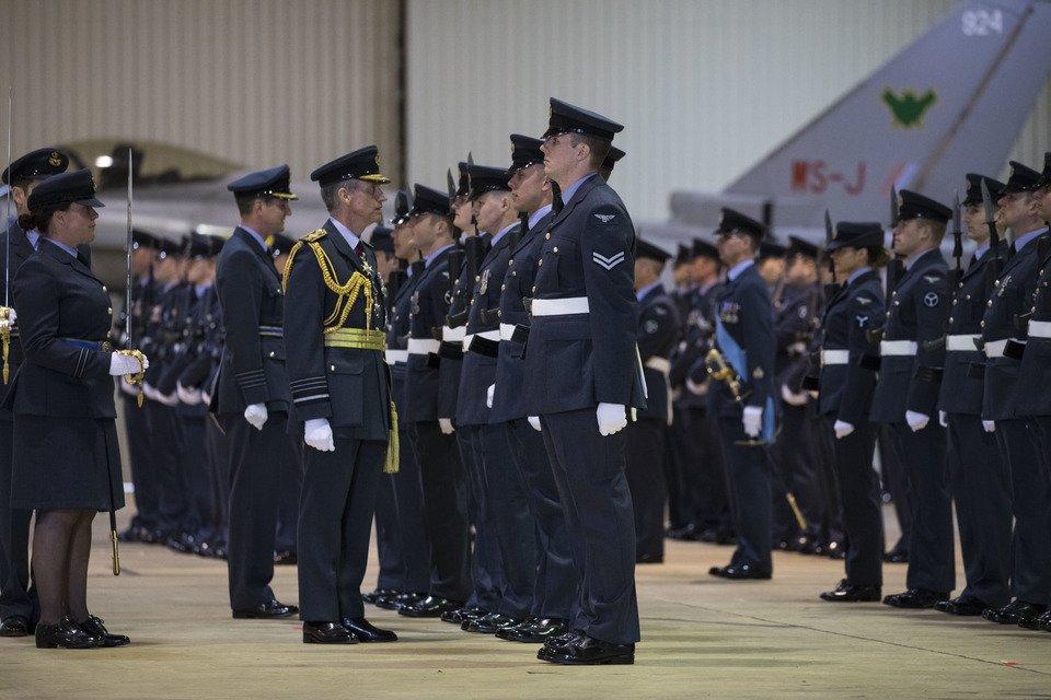 Image shows Chief of Air Staff, Air Chief Marshal Sir Stephen Hillier, and RAF personnel at a ceremony to mark a fourth Quick Reaction Alert Squadron based out of RAF Lossiemouth. Crown Copyright.