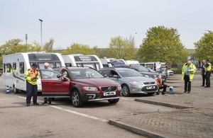 Highways England Traffic Officers give advice to caravanners at an event at the Barn Hill services on the M40 in Warwickshire. Image supplied courtesy of Iain Geddes / Camping and Caravanning Club.