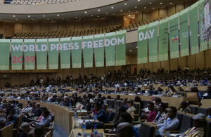 UNESCO World Press Freedom Day 2019 banner and many people attending the event in Addis Ababa