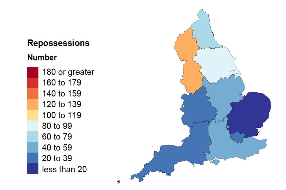 A heat map showing repossessions in England.