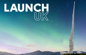 LaunchUK promotion image, featuring art of rocket launch from UK in front of aurora