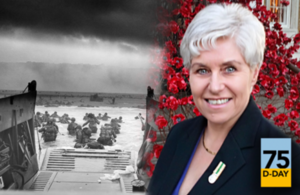 Liz O'Connell, stood in front of numerous ceramic poppies, wearing her Afghan Civilian Medal.