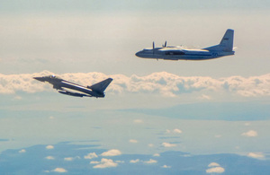 Image of a Russian transport aircraft (Antonov AN-24) and RAF Typhoon flying along the Baltic coast on 10/06/2019