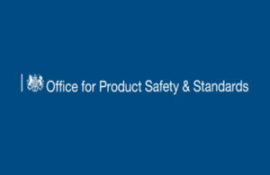 Image of OPSS logo has white motif and Office for Product Safety and Standards against a blue background