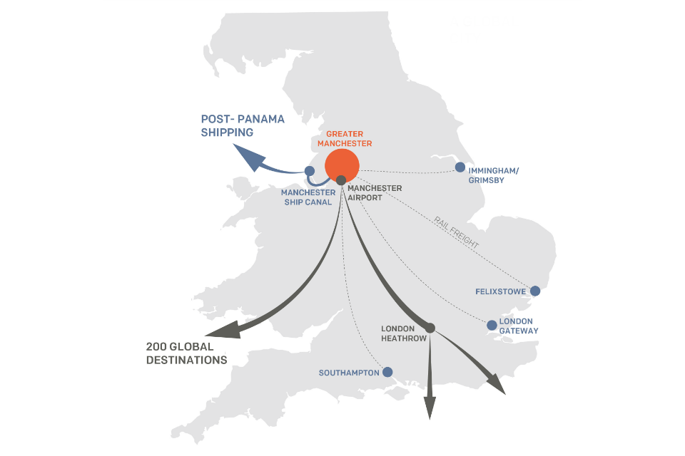 Map showing Manchester's transport network (including air, rail, road and shipping) (Figure 5)