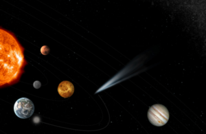 Comet flying past the planets in the solar system