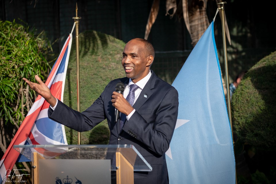 Somali Prime Minister addressing guests at Mogadishu Queen's Birthday party celebration