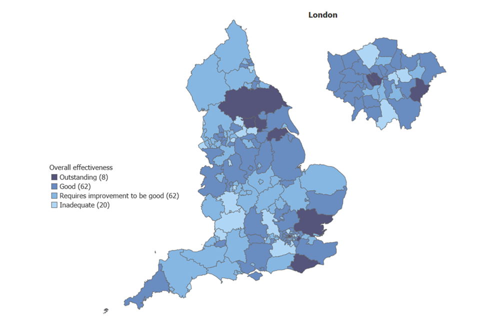 A map of England showing the overall effectiveness breakdown by local authority as at 31 March 2019.