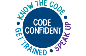 The words Know the Code, Get trained and Speak up arranged in a circle. In the middle are the words Code Confident.