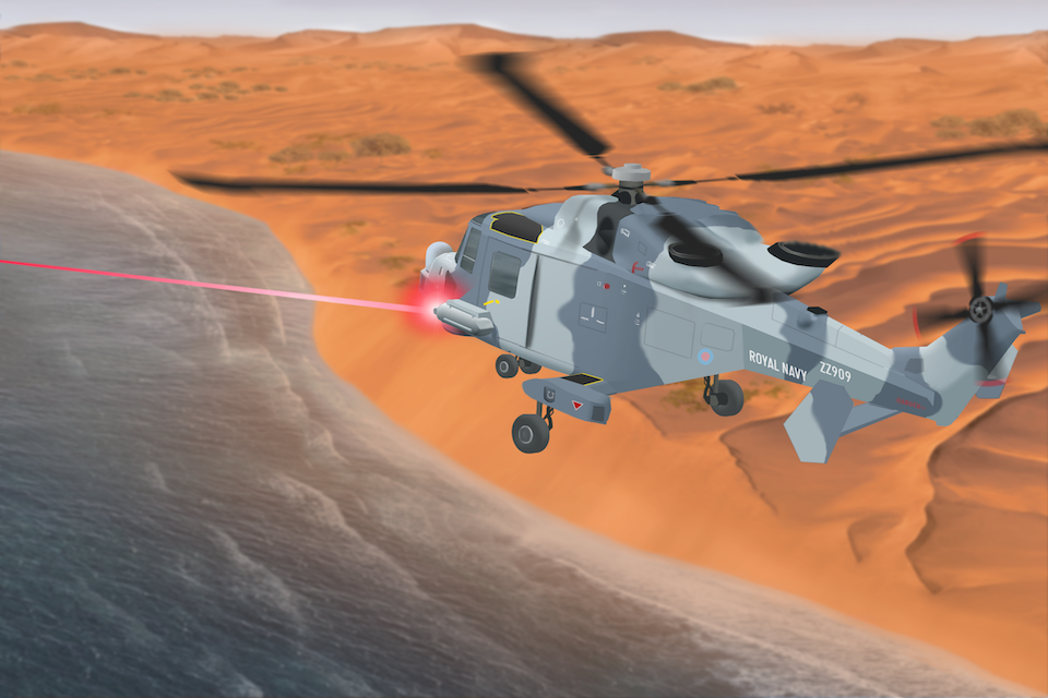 Computer Generated Image illustrating the use of DEW on a Wildcat helicopter.