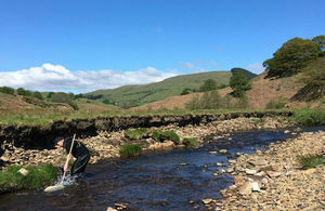 An Environment Agency officer wading through a stream with a net conducting sampling with grassland and hills in the background
