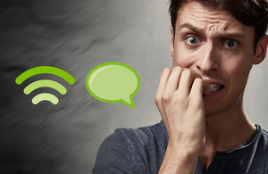 image of man biting his fingernails with green internet symbol and speech bubble
