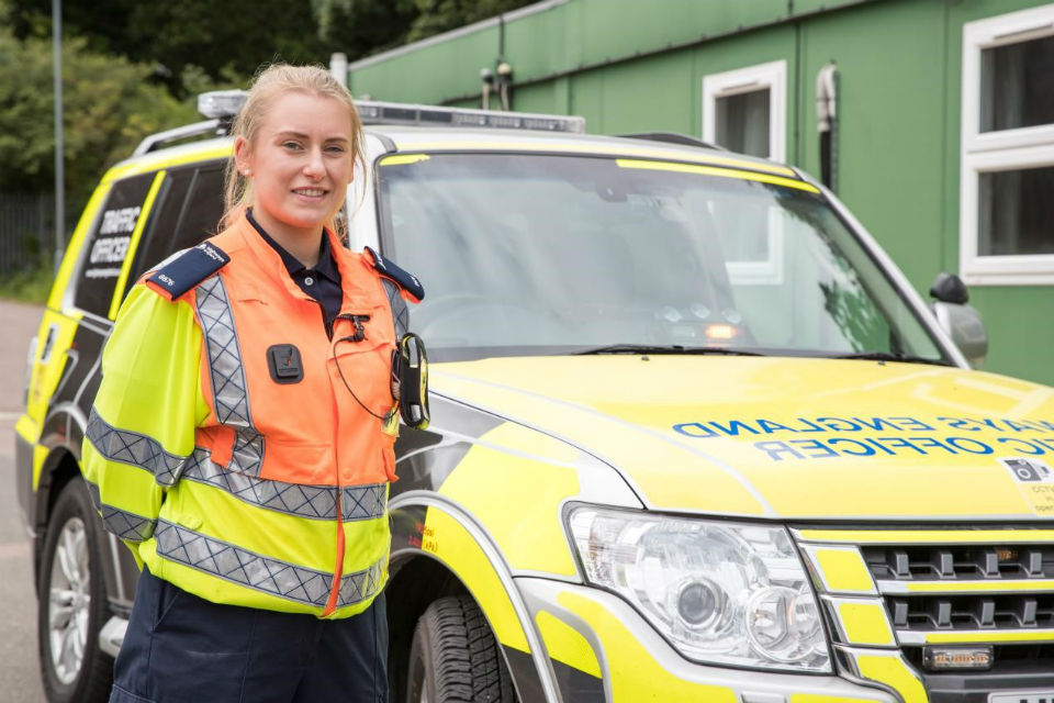 Traffic Officer Hannah Moffitt with her Highways England vehicle