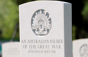 The headstone on an Australian soldier's grave at the Commonwealth War Graves Commision cemetery in Fromelles, northern France [Picture: Petty Officer (Photographer) Mez Merrill, Crown copyright]