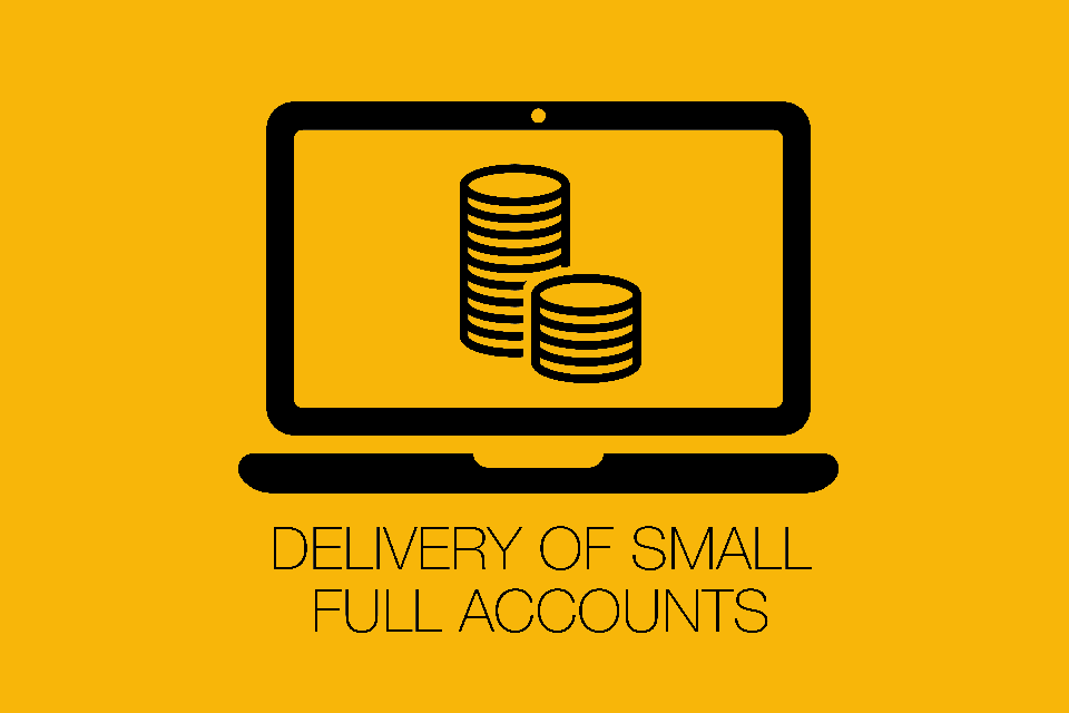 Infographic of a laptop screen with 2 stacks of coins and the title 'delivery of small full accounts'.