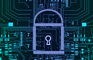 Image of a padlock superimposed onto a stylised motherboard