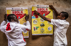 Students put up Ebola information posters at a school in Butembo, North Kivu, Democratic Republic of the Congo, March 2019. Picture: UNICEF/Vincent Tremeau