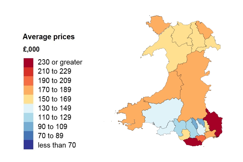 A heat map showing the average price by local authority for Wales.