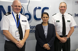Home Secretary Priti Patel with Assistant Chief Constable Owen Weatherill and Superintendent Nigel Goddard during a visit to the National Police Co-ordination Centre (NPoCC)