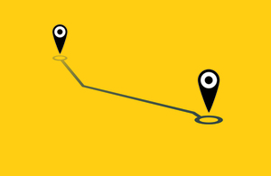 Graphic showing a map pin moving from one location to another joined by a dotted line.