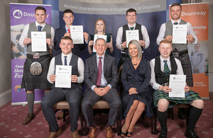 The graduating apprentices pictured with Dounreay MD Martin Moore and MSP Gail Ross