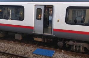 The door involved in the incident, at Hockley station (image courtesy of Tim Neobard). Note: the blue panel below the open door is not part of the train