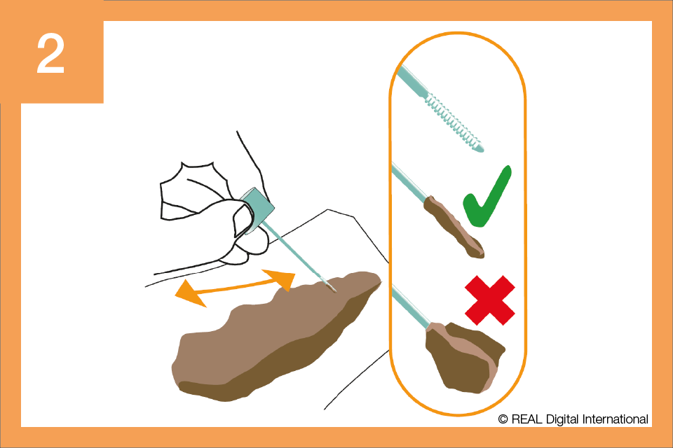 Image of scraping the FIT kit stick along the surface of the poo to collect a sample