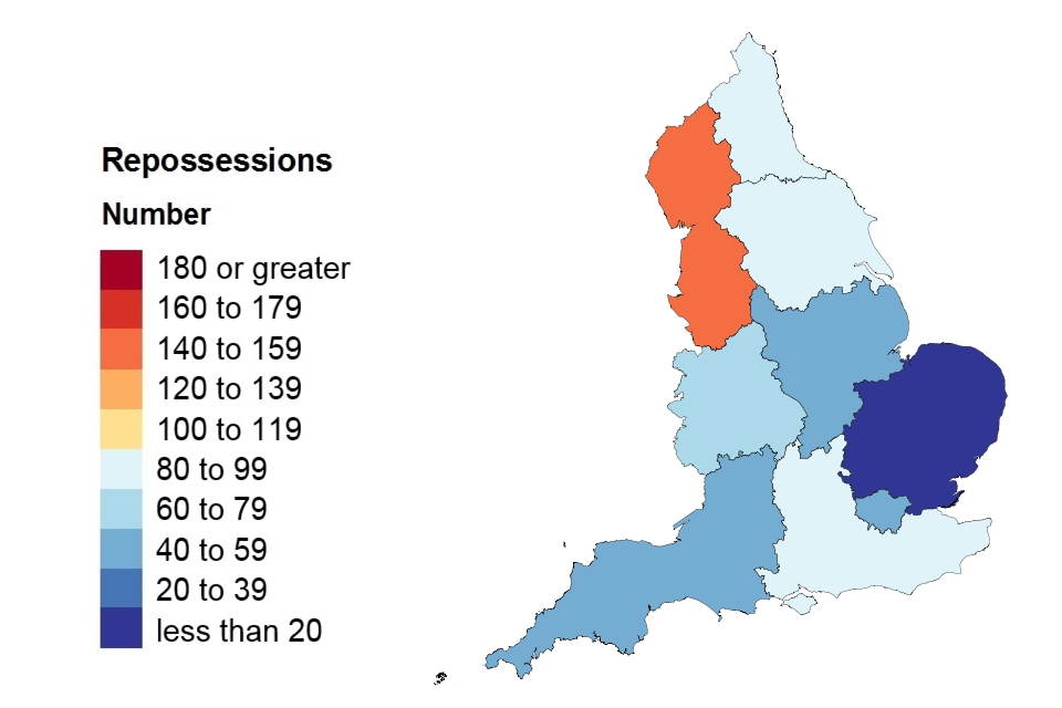 A heat map showing repossessions in England.