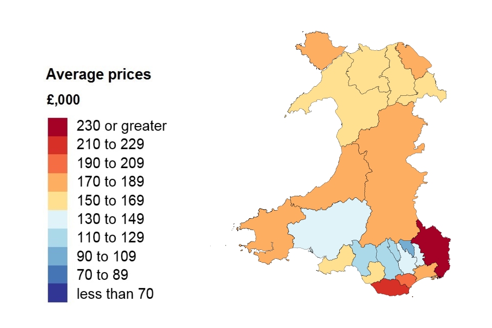 A heat map showing the average price by local authority for Wales.