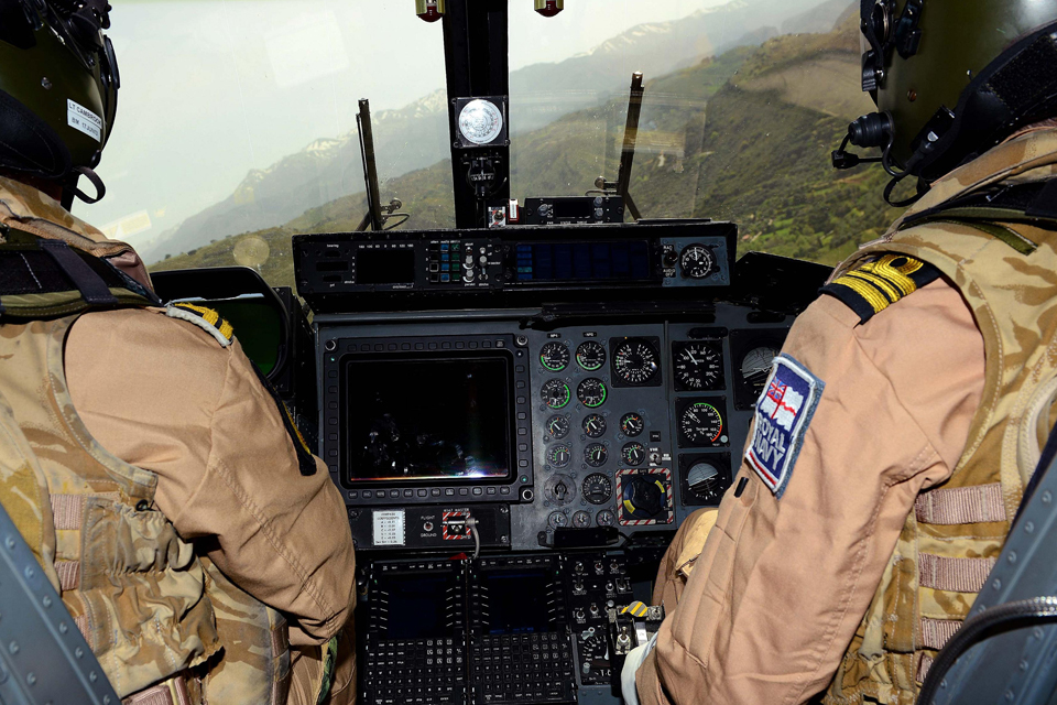 The view from HMS Dragon's Lynx helicopter in flight over Crete's valleys and mountains