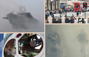 Four images showing a ship appearing from the fog, two soldiers appearing through smoke, a range of optical hardware on a drone and a busy London street.