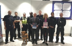Biosecurity Minister Lord Gardiner and Chief Veterinary Officer Christine Middlemiss meet sniffer dog Marley and Border Force colleagues.