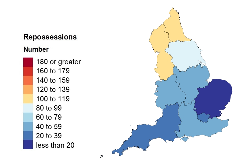 A heat map showing repossessions in England.