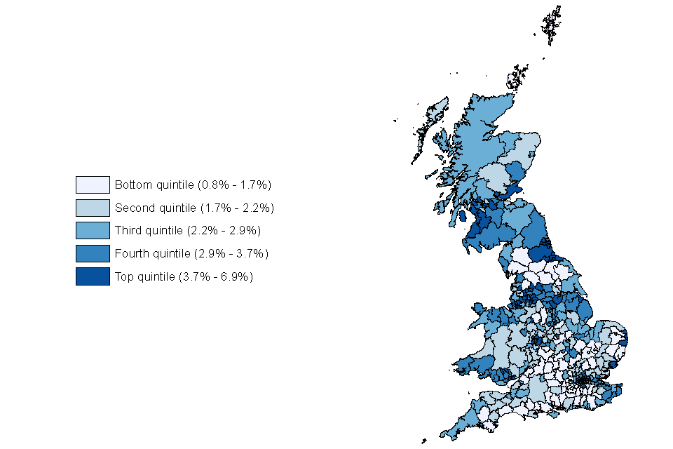 Claimant unemployment rate by local authority (quintiles), August 2019, not seasonally adjusted