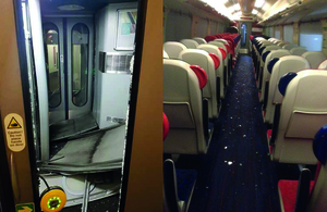 Damage to the vestibule end and debris in the saloon (left image courtesy of CrossCountry, right image courtesy of Bombardier Transportation UK).