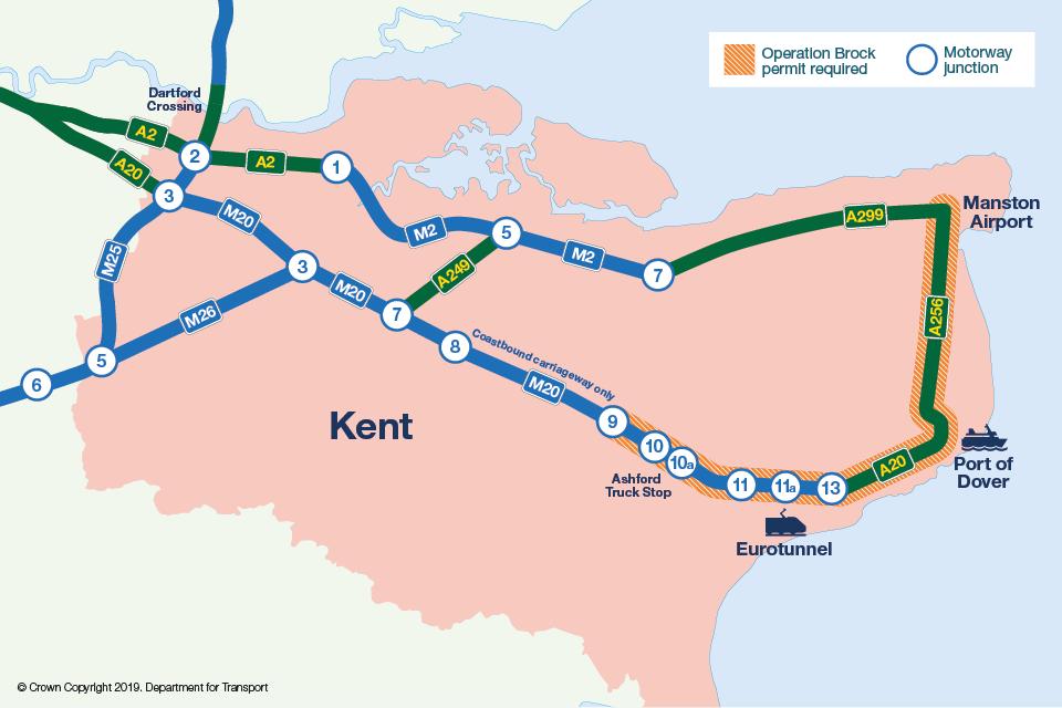 Map of approved routes in Kent for Europe-bound vehicles over 7.5 tonnes via Eurotunnel or Port of Dover.