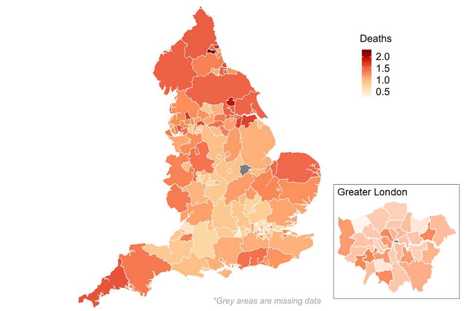 Map of deaths in drug treatment split by local authority and their mortality ratio.