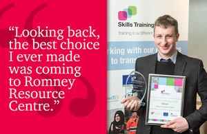 Social media apprentice with his apprentice of the year award for the South East and quote "Looking back the best choice I ever made was coming to Romney Resource Centre"