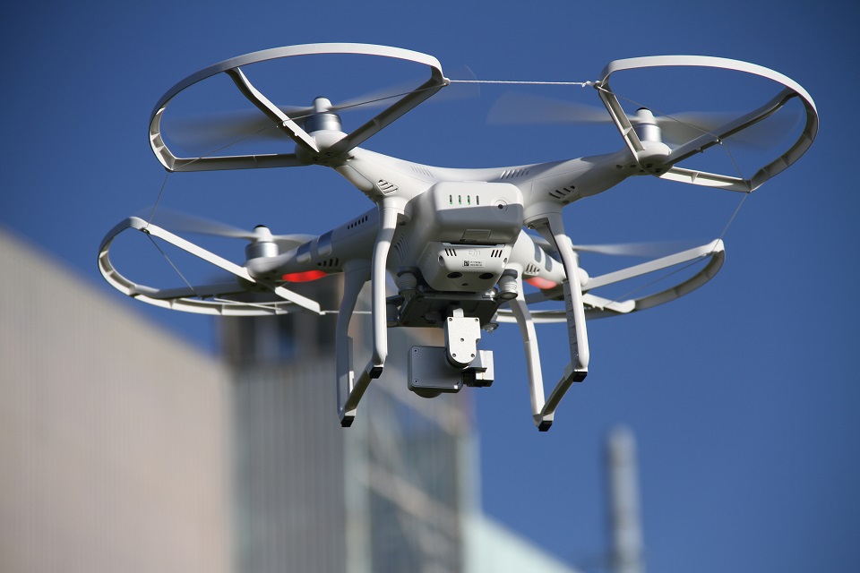 A drone in flight at the Winfrith site in Dorset