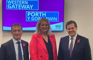 From L-R: Secretary Alun Cairns (Wales), Katherine Bennett (Airbus) and Secretary Robert Jenrick (MHCLG)